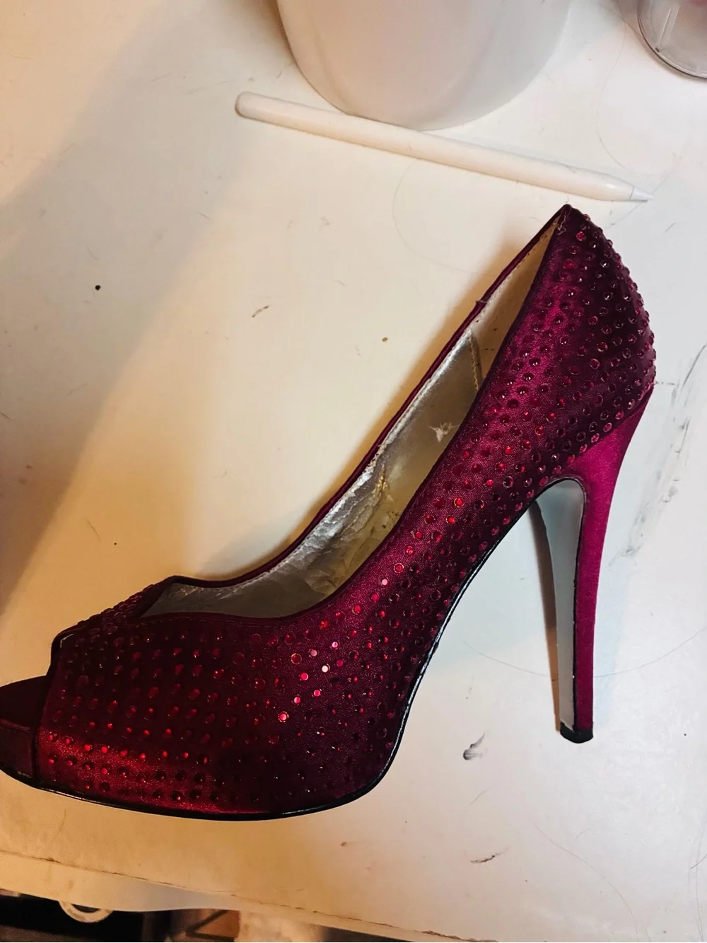 Martinez Valero Burgundy Rhinestone Peep Toe Platform Heels